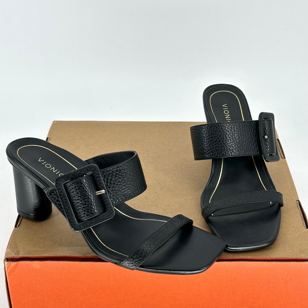 Vionic Brookell Black Double Band Buckle Slip On Mule Block Heeled Sandals 9.5